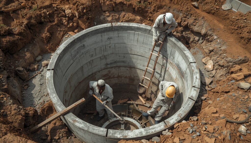 lucid origin realistic image of nigerian technicians working on a septic tank construction si 0
