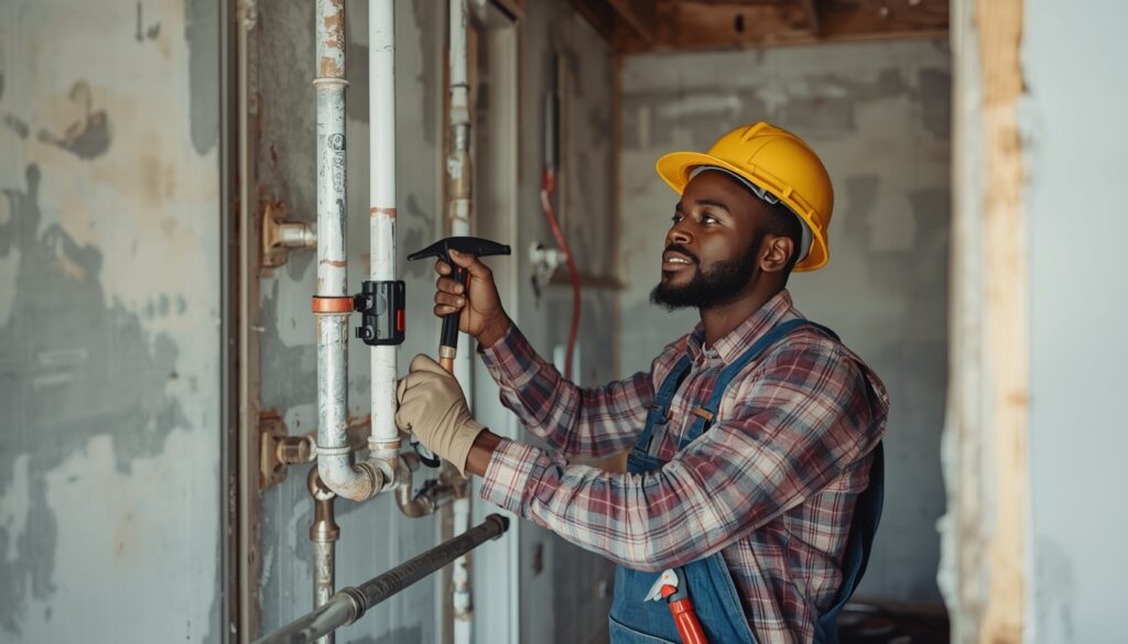 lucid origin realistic photo of nigerian plumber repairing water pipes inside a residential b 0