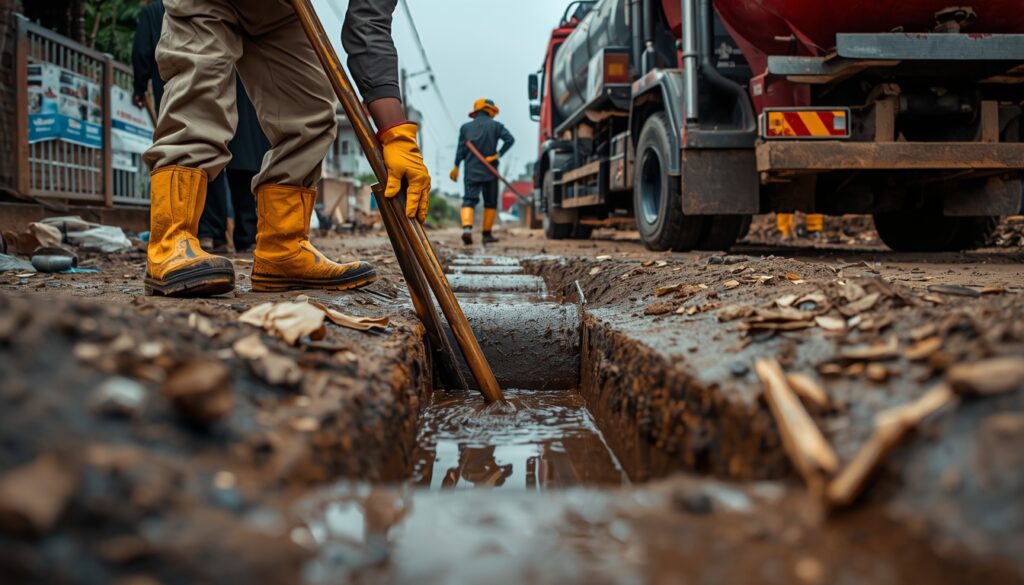 lucid origin realistic photo of nigerian sewage evacuation workers wearing protective boots a 0