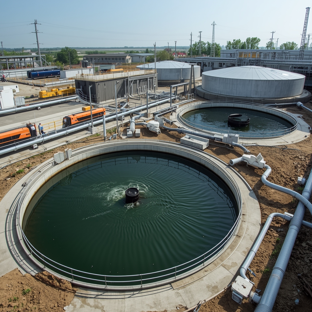 lucid origin industrial wastewater treatment facility with large sewage treatment tanks pipel 0